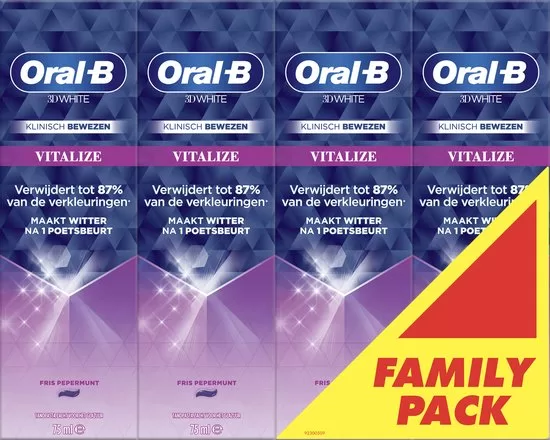 Oral-B 3D White Vitalize Tandpasta Voordeelverpakking – 4x75ml, Verwijdert Vlekken, Versterkt Tanden, Glazuurveilig, Frisse Munt Smaak