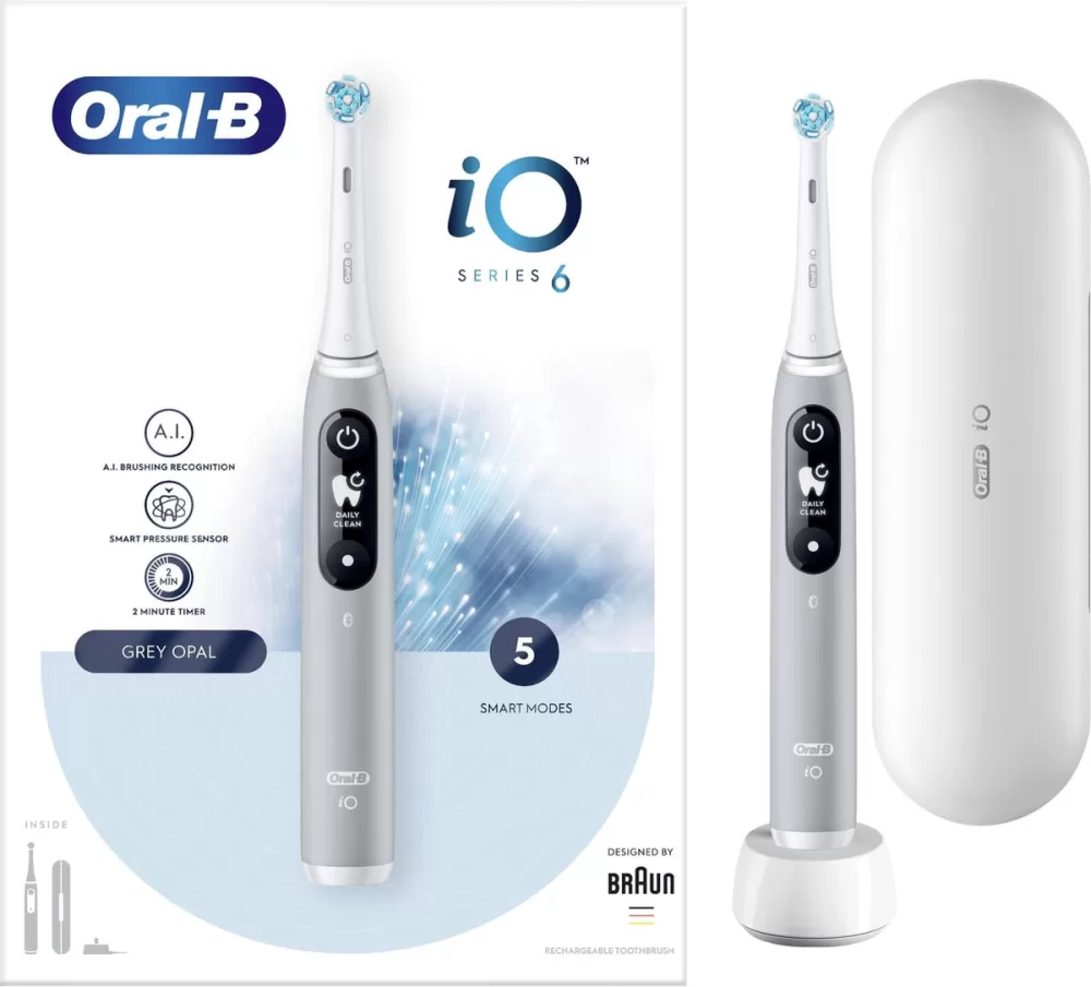 Oral-B iO 6 Opal Grey - Elektrische Tandenborstel met Magnetische Technologie van Braun - Grondige en Zachte Reiniging