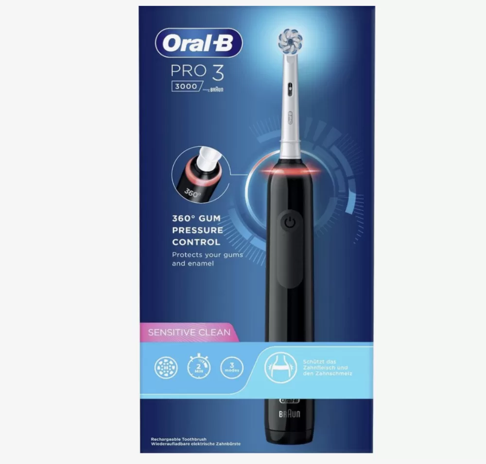 Oral-B Pro 3 3000 Elektrische Tandenborstel - Zwart, 3 Poetsstanden, Houtskool Borstelharen, Drukcontrole, 2 Weken Batterijduur