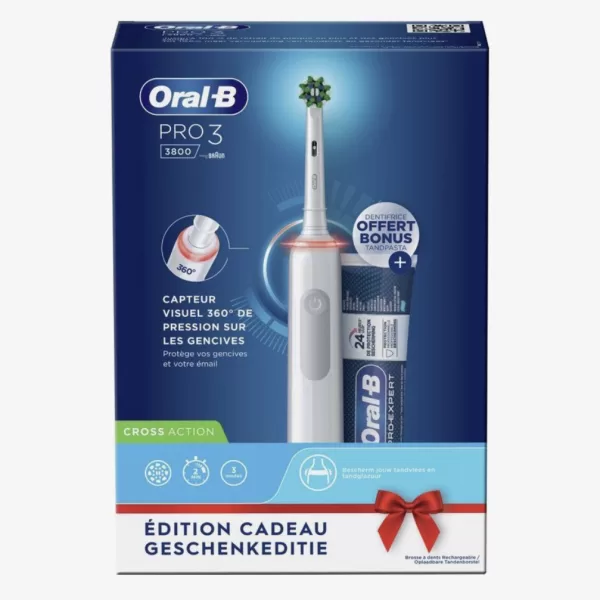 Oral-B Pro 3 3800 - Elektrische Tandenborstel met 3 Poetsstanden + 1 Gratis Tandpasta - 360° Drukcontrole, 2 Weken Accuduur