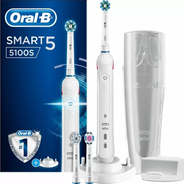 Oral-B Smart 5 5100S Elektrische Tandenborstel - Wit, 100% meer plakverwijdering, 3 opzetborstels, 2 weken batterijduur, Poetsdruksensor, Oplaadbaar