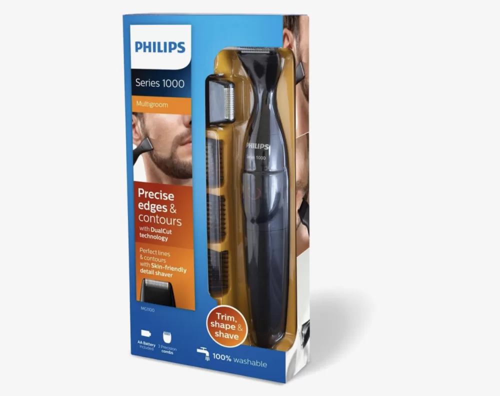 Philips MG1100/16 Precisietrimmer - DualCut Baardtrimmer met 3 Kammetjes (1/3/5mm), Waterbestendig, AA-Batterij, Huidvriendelijk Scheerblad