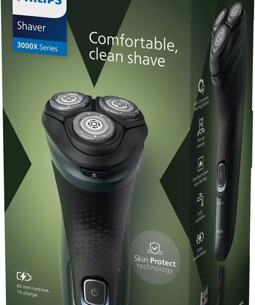 Philips Shaver 3000X X3052/00 - Elektrisch Scheerapparaat voor Mannen, Waterdicht, 27 Mesjes, Uitklapbare Trimmer, Donkergroen