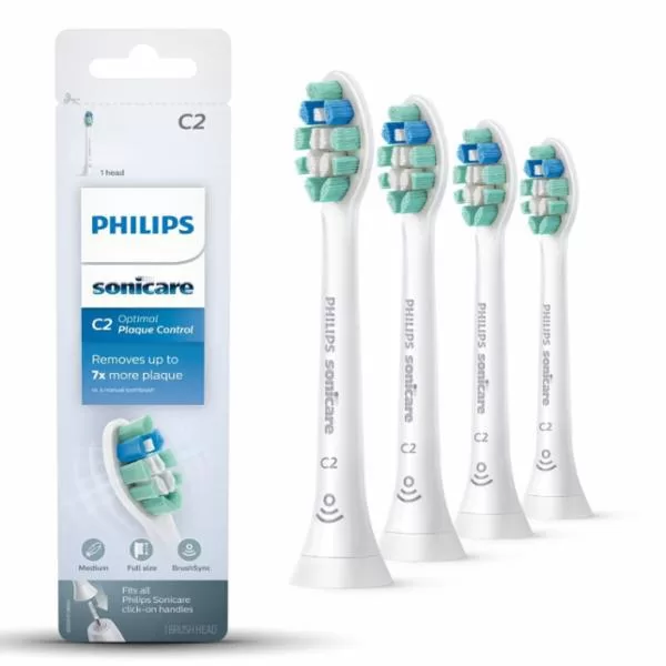 Philips Sonicare C2 Optimal Plaque Defence Opzetborstels - 4 stuks, Verwijdert 7x meer tandplak, Geavanceerde sonische technologie, BrushSync kompatibel