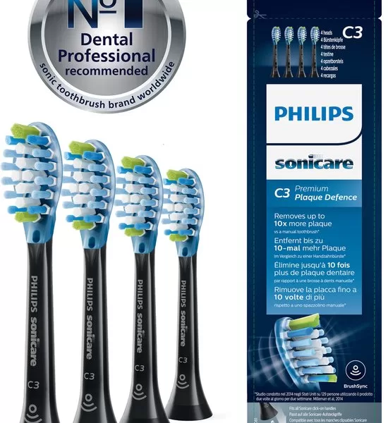 Philips Sonicare C3 Premium Plaque Defense HX9044/33 - 4 Opzetborstels voor Tot 10x Meer Tandplakverwijdering, Zachte Flexibele Zijkanten