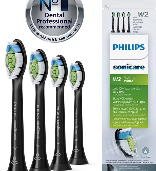 Philips Sonicare W2 Optimal White HX6064/11 Opzetborstels - 4 Stuks - Zwart - Voor 100% Wittere Tanden & 7x Meer Tandplakverwijdering