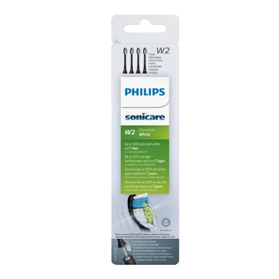 Philips Sonicare W2 Optimal White Opzetborstels - 4 Stuks - Zwart - Verwijdert 7x Tandplak, Wittere Tanden in 1 Week, BrushSync Compatibel