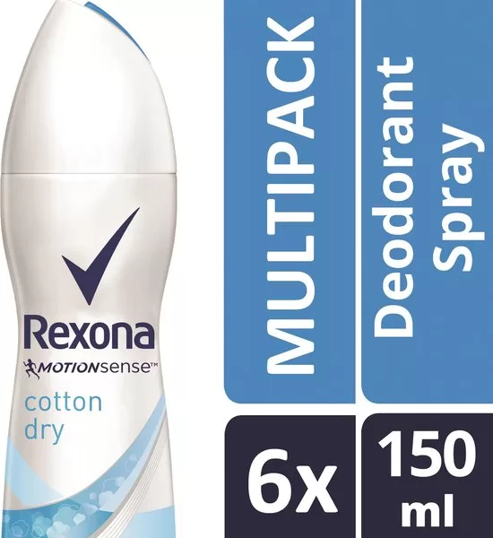 Rexona Ultra Dry Cotton Women Deodorant Spray - 6 x 150 ml - 48 uur Bescherming met MotionSense - Voordeelverpakking, Fris en Effectief