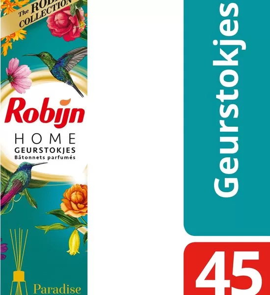 Robijn Geurstokje Paradise Secret 45 ml - Natuurlijke Geurverspreiding voor Woonkamer, Slaapkamer & Badkamer - Stijlvol Flesje