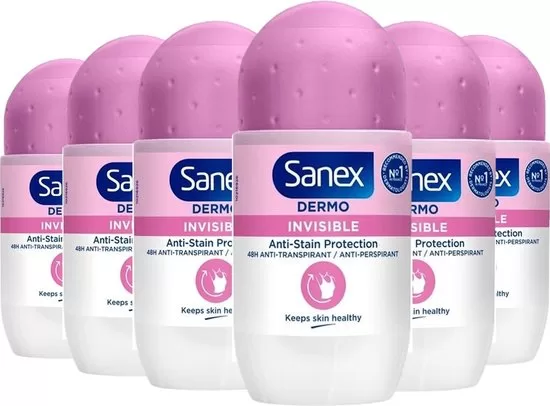 Sanex Dermo Invisible Deodorant Roller 6 x 50 ml – 24h Schutz, 0% Alkohol, Minimale weiße Flecken, Hautfreundliche Formel