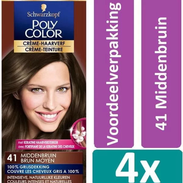 Schwarzkopf Poly Color Crème Haarverf Voordeelverpakking – 4 Stuks, 100% Grijsdekking, Intensieve Kleuren, Keratine Versterker, Natuurlijk Resultaat