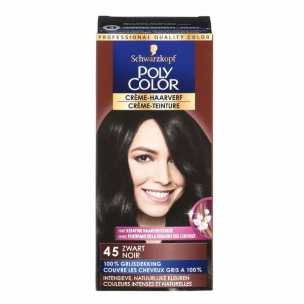 Schwarzkopf Poly Color Crème Haarverf 45 Zwart - 100% Grijsdekking, Keratine, 5X50ml Crèmeformule + Handschoenen – Intense Kleur!