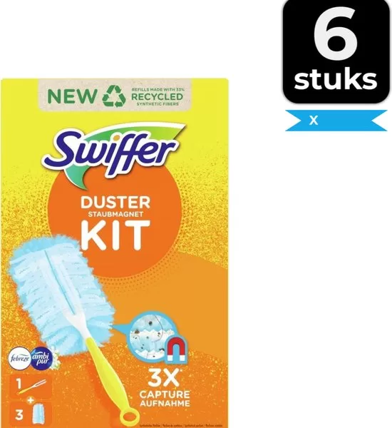 Swiffer Duster Starterkit met 3 Febreze Navullingen - Voordeelverpakking 6 Stuks, Efficiënte Stofduster voor Moeilijk Bereikbare Plekken