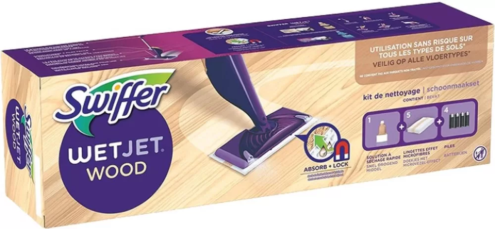 Swiffer WetJet Wood Spray-Mop Starterkit für Hartholz - 5 Reinigungstücher, 500ml Lösung & 4 Batterien - Effektive Reinigung für Holzfußböden