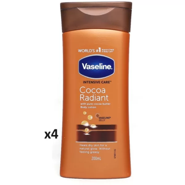 Vaseline Cocoa Radiant Intensive Care Bodylotion x4 - 200ml, Herstelt Droge Huid, Met Cacaoboter, Hydrateert en Laat Huid Glanzen