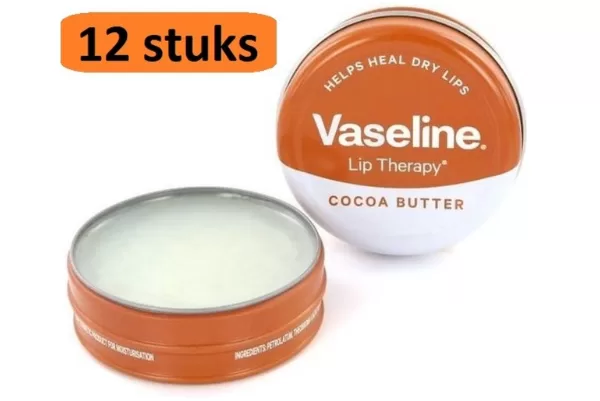 Vaseline Lip Therapy Cocoa Butter Lippenbalsam – 12 x 20g, feuchtigkeitsspendend, pflegend, ideal für trockene Lippen, praktische Packung