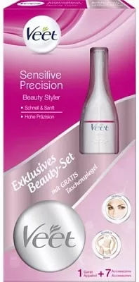 Veet Sensitive Precision Beauty Styler - 2 stuks, bikinitrimmer met 5 opzetstukken, nat/droog gebruik, inclusief make-uptas en batterij