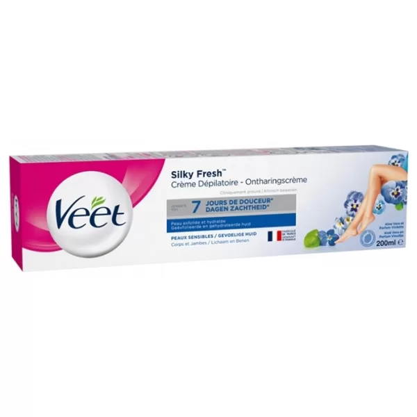 Veet Silky Fresh Ontharingscrème Gevoelige Huid 200ml - Voor een zijdezachte, gehydrateerde huid zonder bultjes, met aloë vera en viooltjesgeur