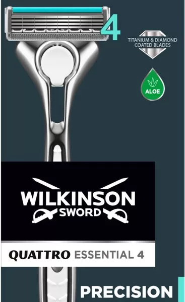 Wilkinson Men Quattro Razor Essential 4 Sensitive - 4 Titanium Scheermesjes + Stylingmesje voor een Gladde Scheerbeurt