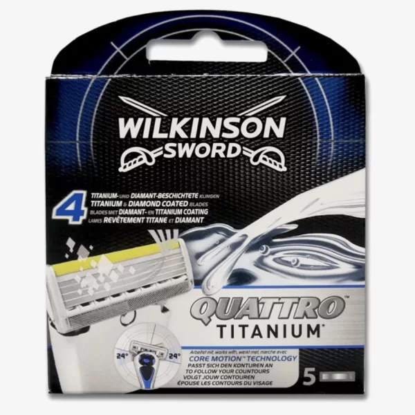 Wilkinson Quattro Titanium Scheermesjes - 5 Stuks, 4 Mesjes, Aloë Vera, Ergonomische Grip voor een Gladde Scheerbeurt en Precisie.