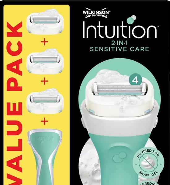 Wilkinson Sword Intuition 2-in-1 Sensitive Care Scheermes - Voordeelverpakking met 3 Navulmesjes & Houder - Dermatologisch Getest, Met Aloë Vera