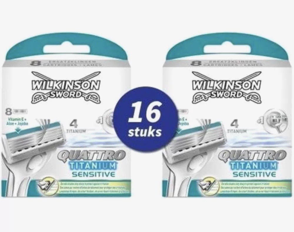 Wilkinson Sword Quattro Titanium Sensitive - 16 Scheermesjes (2x8) voor Comfortabel Scheren & Vermindering van Irritatie