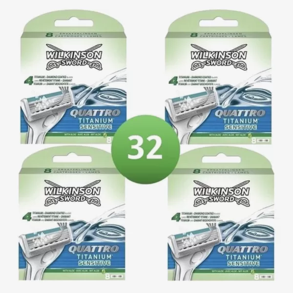 Wilkinson Sword Quattro Titanium Sensitive Razor Blades – 32 Stück, 4 Klingen, Aloe Vera, Vit. E, für eine sanfte, glatte Rasur