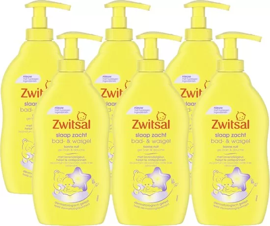 Zwitsal Slaap Zacht Bad- & Wasgel Lavendel 6x400ml – Rustgevende, milde formule met Kamille, pH-neutraal, hypoallergeen, zeepvrij