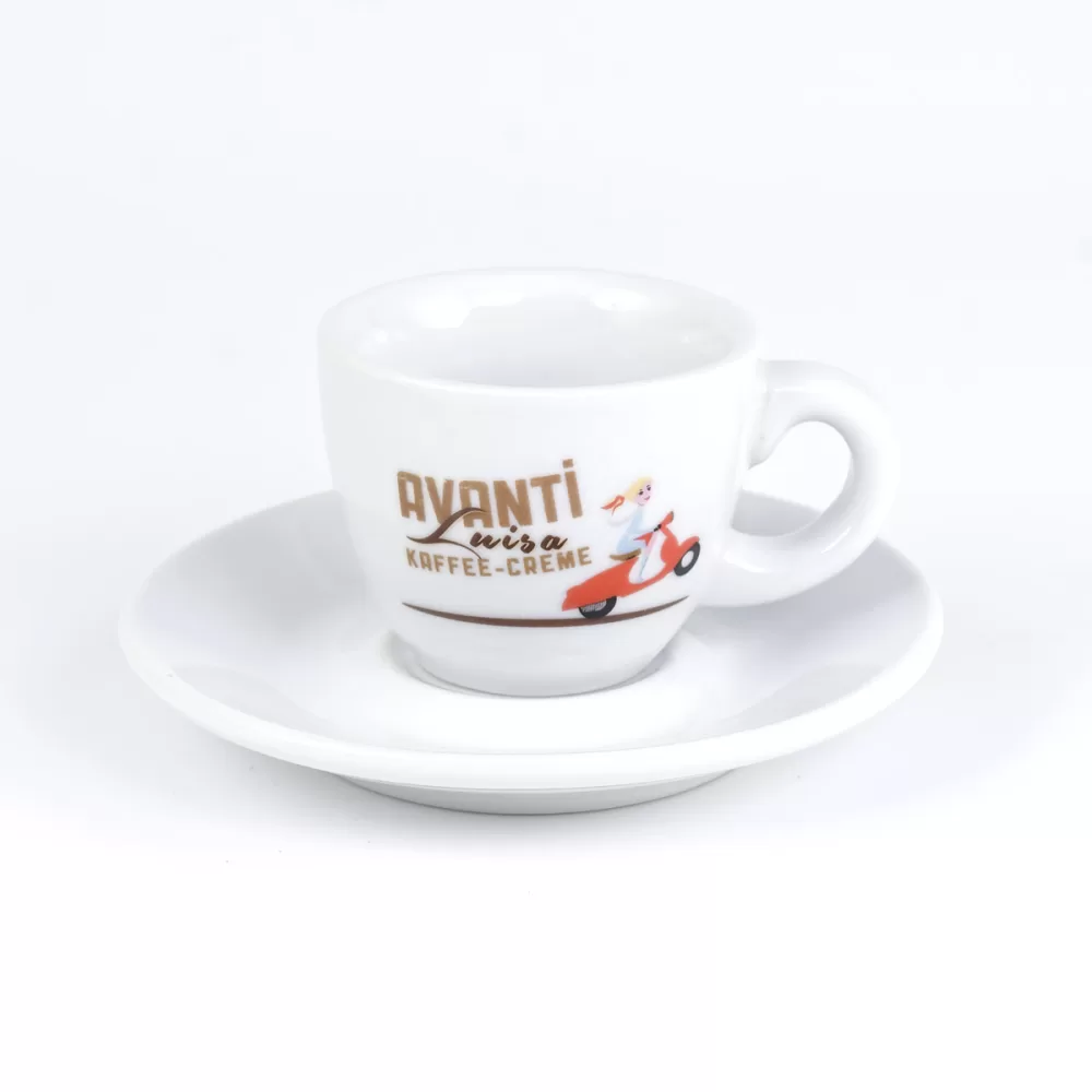 AVANTI Espressotasse LUISA 2er Set - Dickwandig, robust, mit Untertassen, 70 ml, 50 mm hoch, hochwertiger Druck - Ideal für Espresso-Liebhaber