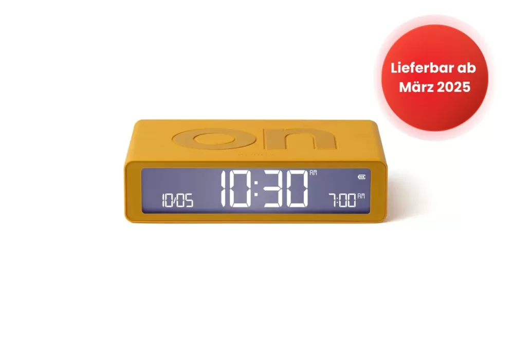 LEXON Flip Classic LCD-Wecker, reversibel, Akku, gelb, kompaktes Design, intuitive Bedienung, langlebig, elegante Nachttisch-Uhr