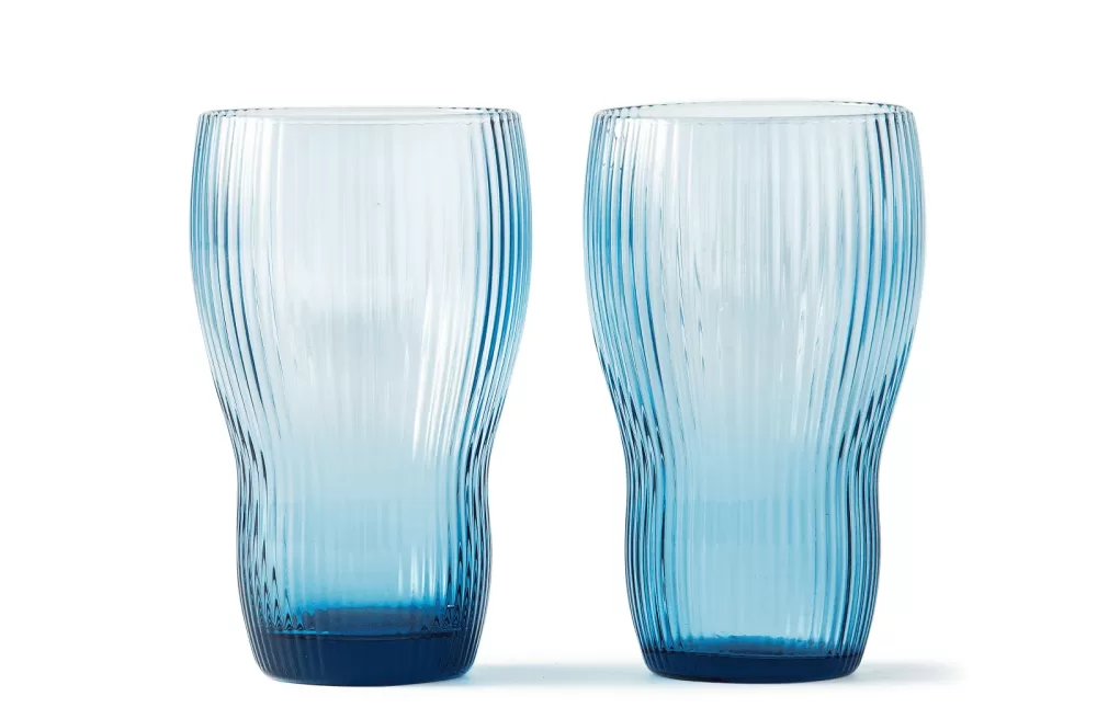 Pols Potten Pum Longdrink Gläser 2er Set - Dark Blue, stilvolle Trinkgläser mit Rillen, hochwertiges Glas, luxuriöses Design