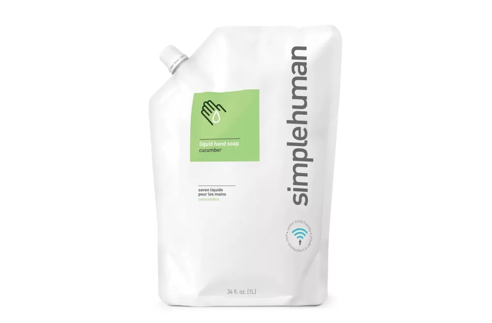 simplehuman Flüssigseife Nachfüllbeutel Gurke 1000 ml - Biologisch abbaubar, hypoallergen, ohne Sulfate, ideal für Sensorspender, umweltfreundlich