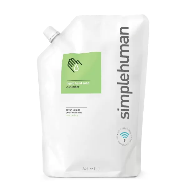 simplehuman Flüssigseife Nachfüllbeutel Gurke 1000 ml - Biologisch abbaubar, hypoallergen, ohne Sulfate, ideal für Sensorspender, umweltfreundlich