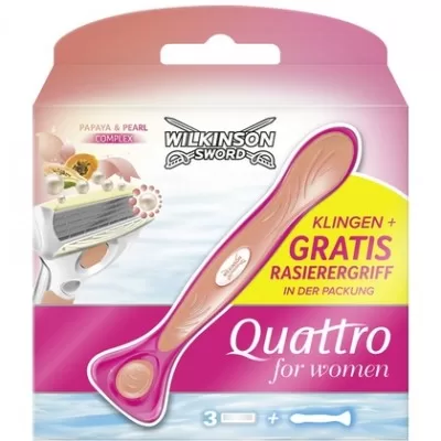 Wilkinson Quattro for Women Rasierer Papaya & Pearl mit Halter - Sanfte Rasur für empfindliche Haut, 4 Klingen, luxuriöse Pflege