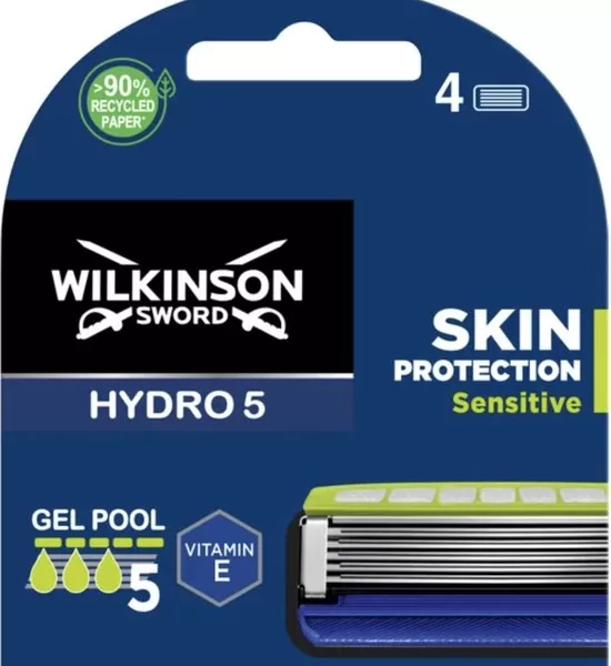 Wilkinson Sword Hydro 5 Sensitive Scheermesjes - 4 stuks met Schokabsorberende Technologie & Hydro Gel Reservoir voor Minder Irritatie