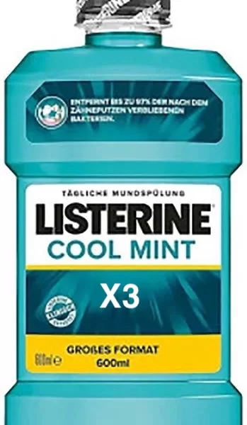 3X Listerine Cool Mint Mondwater - 97% Bacteriën Verwijdering, Essentiële Oliën, Intense Munt Smaak, Tanden & Mondreiniging