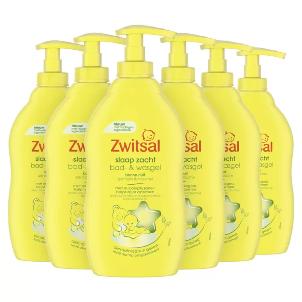 Zwitsal 6x Bad- & Wasgel Slaap Zacht Eucalyptus 400ml – Mild, 0% SLES, voor gevoelige babyhuid, verlichting bij verstopte neusjes.