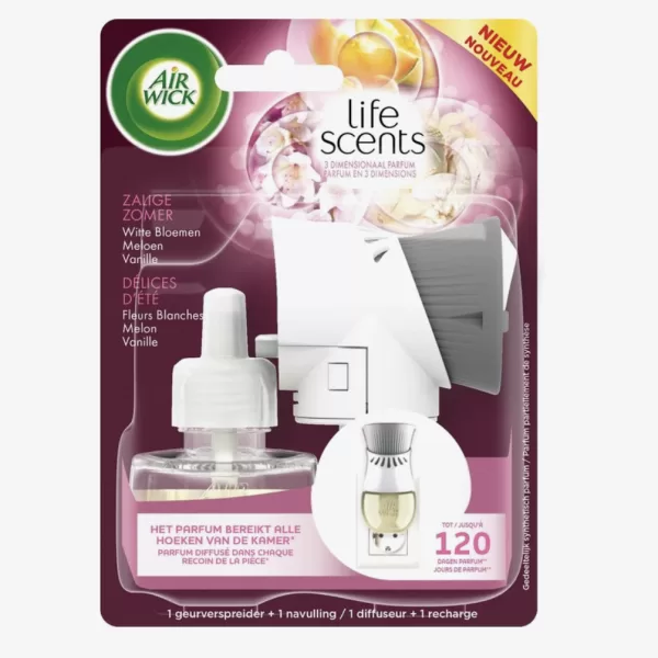 Air Wick Elektrische Geurverspreider Life Scents Zalige Zomer Starterkit 19ml - Luchtverfrisser met zoete bloemen, meloen & vanille, 120 dagen geur!