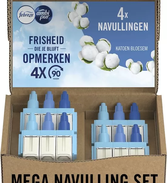 Ambi Pur 3Volution Katoen Bloesem - Elektrische Luchtverfrisser Navulling (4 stuks) - 90 dagen frisheid, 3 geuren, OdourClear-technologie