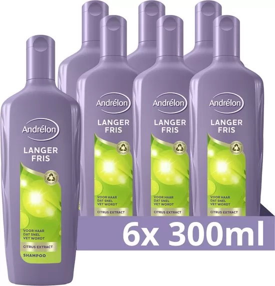 Andrélon Langer Fris Shampoo 6x300ml - Voordeelverpakking, voor vet haar, met citrusextract, 100% gerecycled en recyclebaar. Frisse geur!