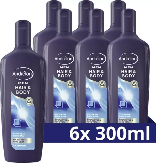 Andrélon Men Hair & Body Shampoo 6x300ml - 2-in-1 Eucalyptus & Aloë Vera, Milde Reiniging, 100% Gerecycled Verpakking