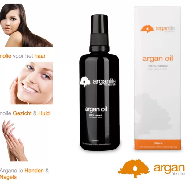 Arganlife 100 ml Arganolie - 100% puur, biologische haar- en huidverzorging, hydraterend, anti-aging, voor handen en nagels, koudgeperst