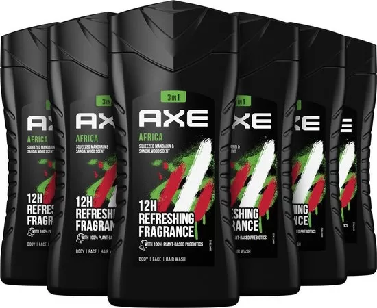 AXE Africa 3-in-1 Douchegel - 6 x 250 ml - Verfrissende geur van mandarijn en sandelhout, 12 uur fris, 100% gerecycled verpakking