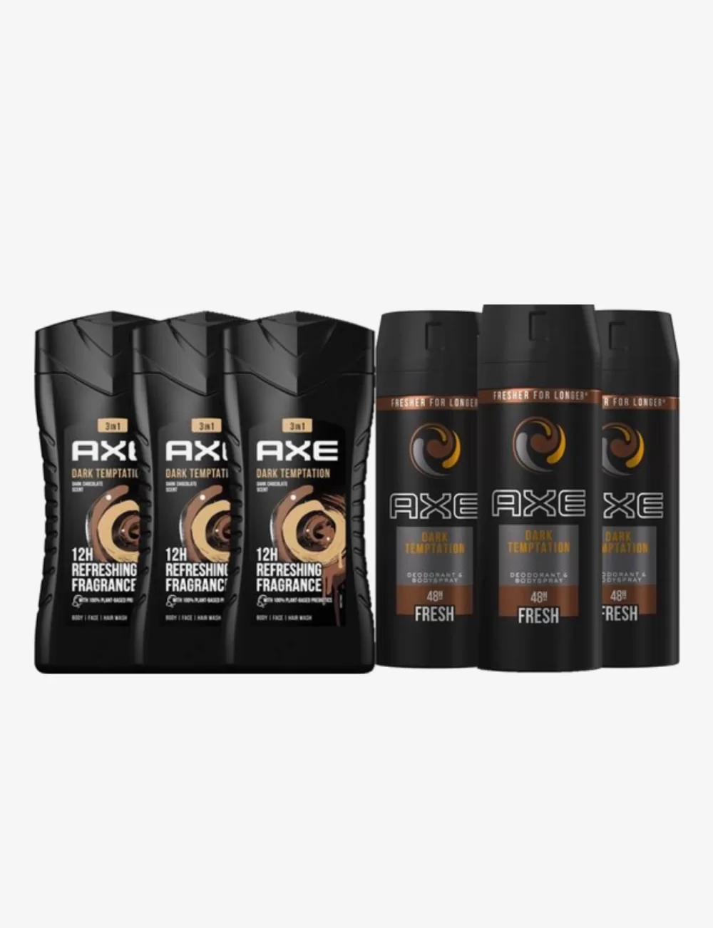 AXE Dark Temptation Set: 3 Deodorants & 3 Douchegels - Onweerstaanbare Chocoladegeur, 48 Uur Bescherming, Verfrissende Doucheervaring