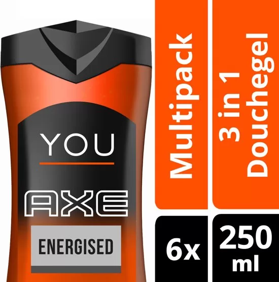 Axe You Energized Douchegel 250 ml – 6 Stuks Voordeelverpakking – Mannelijke Geur van Vetiver, Amber & Zwarte Peper – Voor een Frisse Start