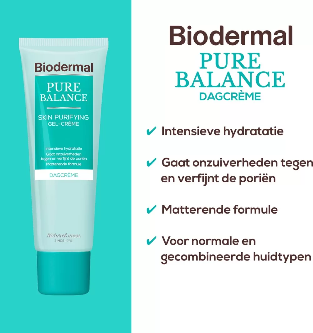 Biodermal Pure Balance Dagcrème - Hydraterende Gel-Crème met Hyaluronzuur, Matteert & Verfijnt Poriën voor Volwassen Huid met Onzuiverheden