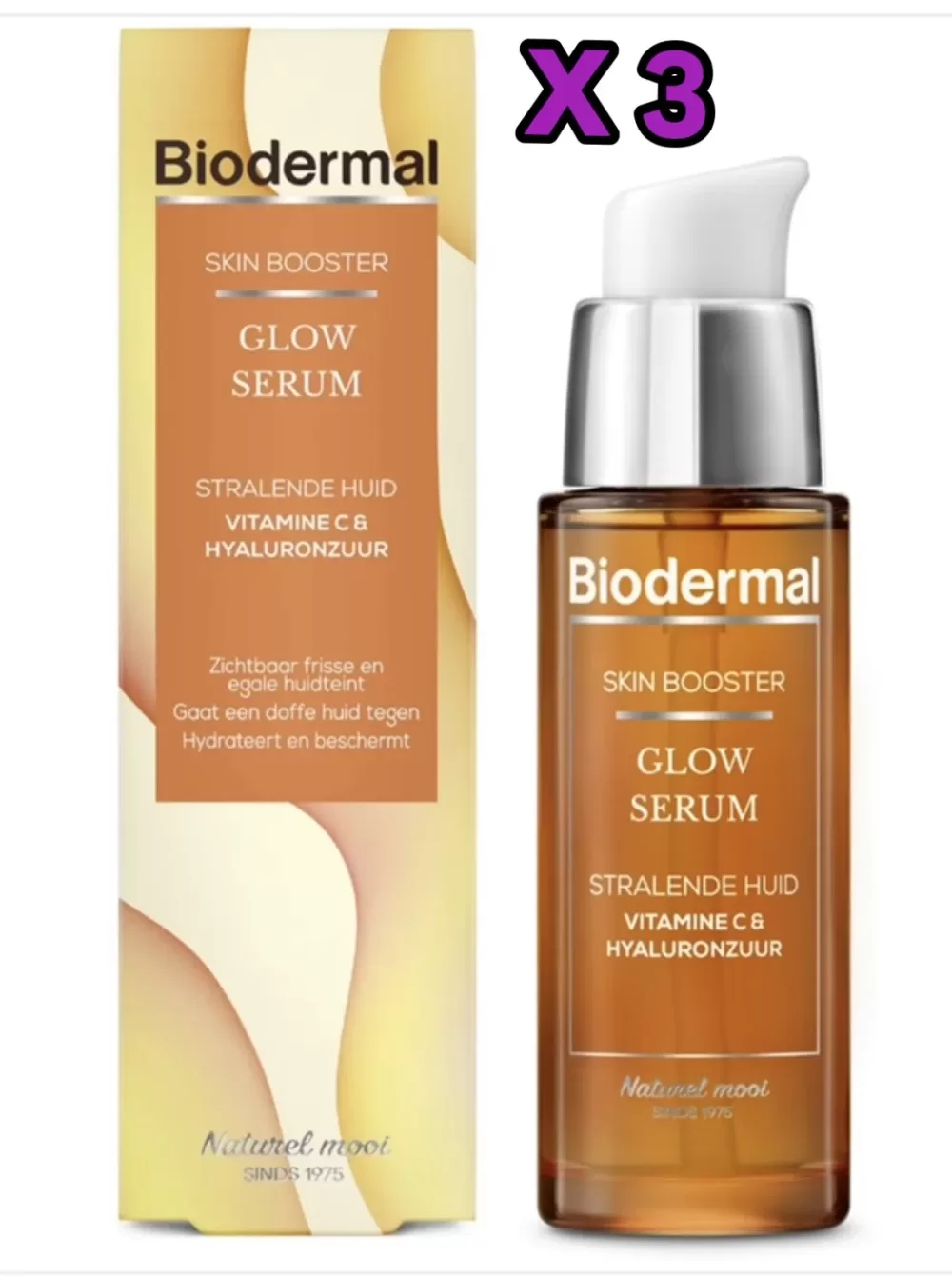 Biodermal Skin Booster Glow Serum 30ml – Hyaluronzuur & Vitamine C – 3 Stuks – Hydrateert, Verheldert & Versterkt Huidglans