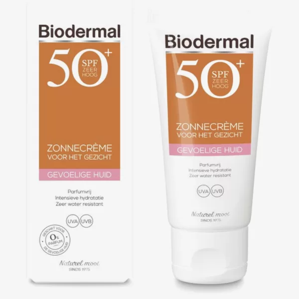 Biodermal Zonnebrand Gevoelige Huid SPF 50 - Parfumvrij, 50ml - Intensieve Hydratatie en Waterresistent voor Gezicht