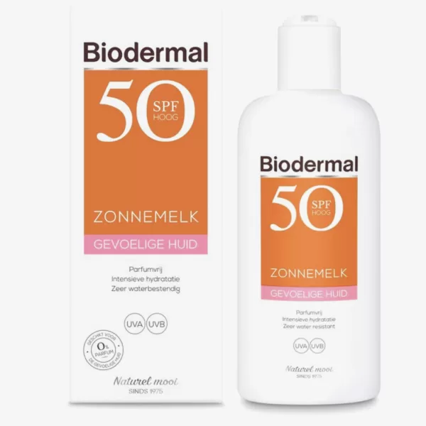 Biodermal Zonnemelk SPF 50+ 200ml - Parfumvrij, Voor Gevoelige Huid, Intensieve Hydratatie, Zeer Waterresistent, Dermatologisch Getest