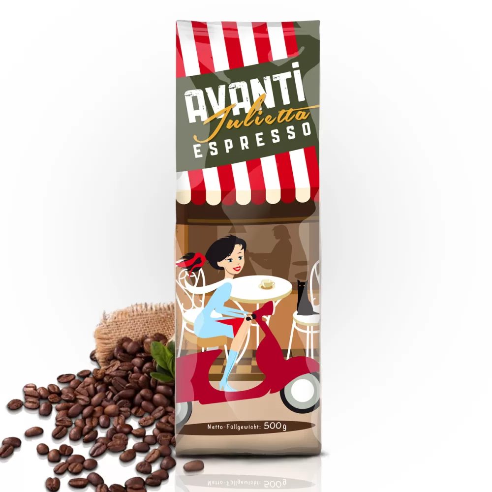 Caffè Avanti Julietta Espresso 500g - 70% Arabica, 30% Robusta, italienische Trommelröstung, kräftiger Geschmack, dicke Crema, wenig Säure